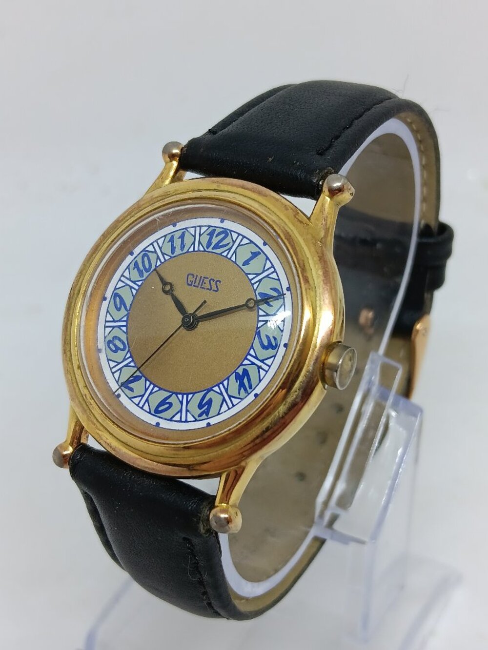 VINTAGE 1988 Guess Unisex 34mm Geometric Grid Gold Tone Quartz Watch NEW BATTERY